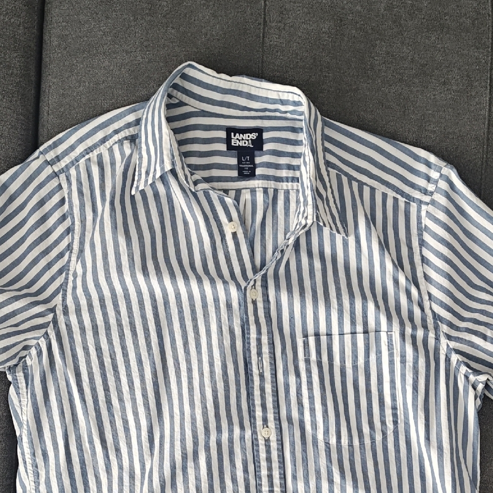 Lands' End Men's White and Blue Striped Shirt